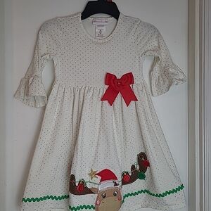 Bonnie Jean Cream Dress with Red Bow and Festive Trim, Reindeer